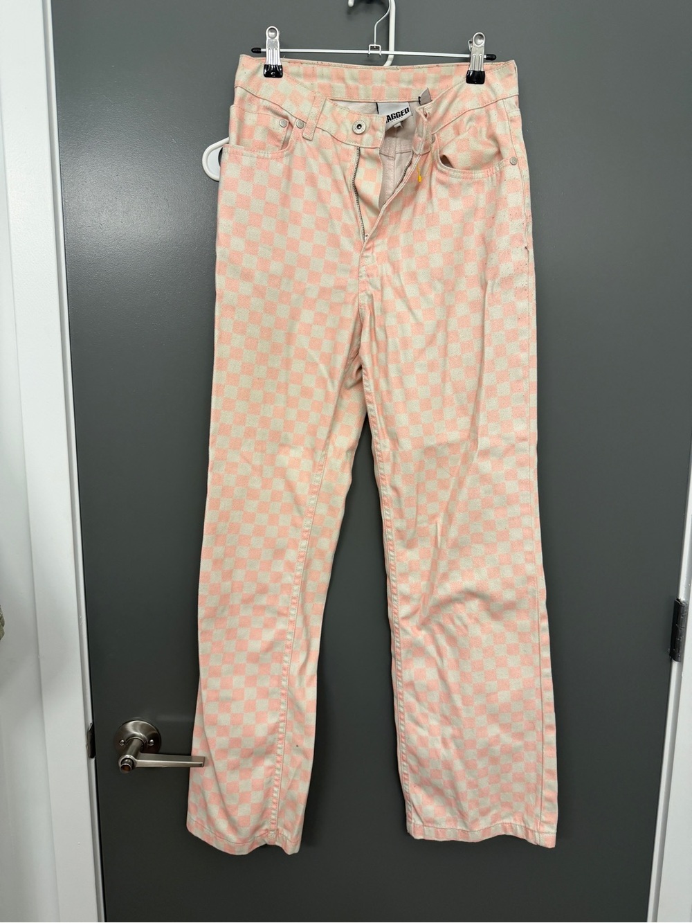 Checkerboard Pink Cream Straight-Leg Jeans